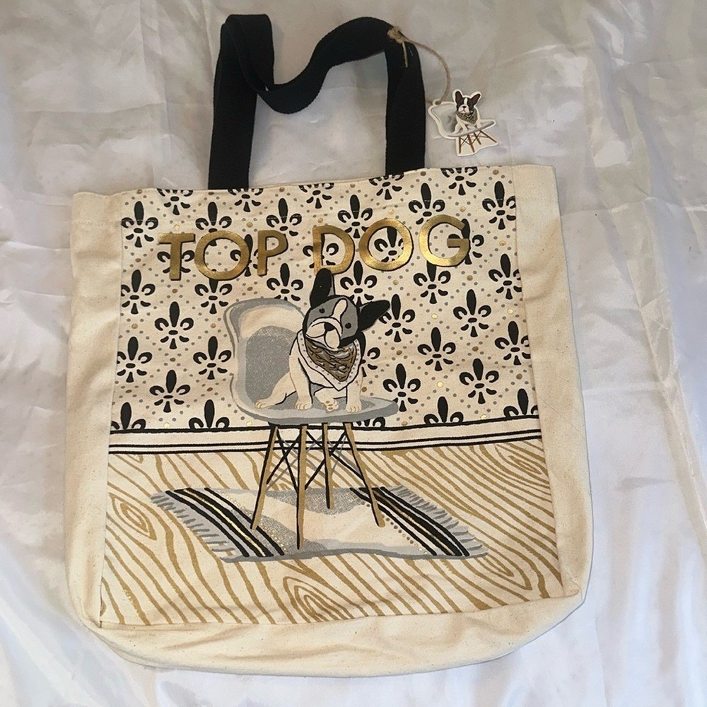 Molly & Rex Top Dog French Bulldog Canvas Tote Bag Cream Gold Black Fleur-De-Lis